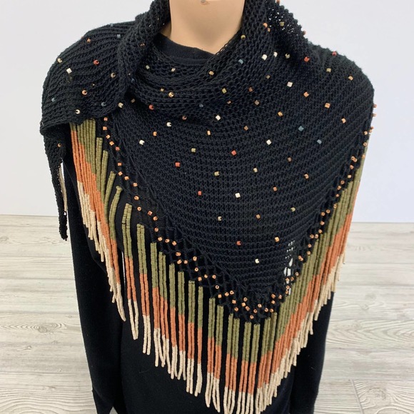 Vintage Crocheted Scarf/Wrap with Beaded Fringe (HG) - Picture 2 of 6